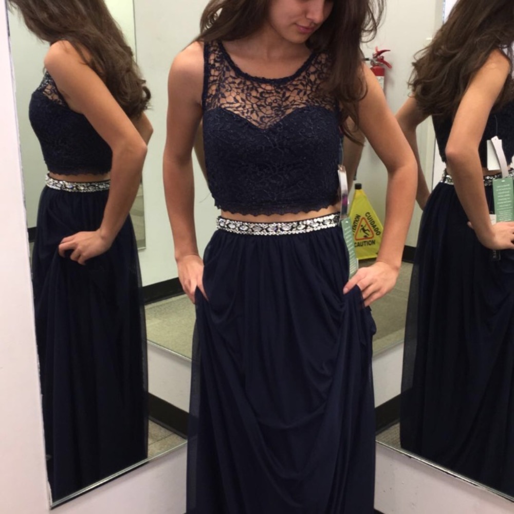 Dark blue long prom dress. Two piece